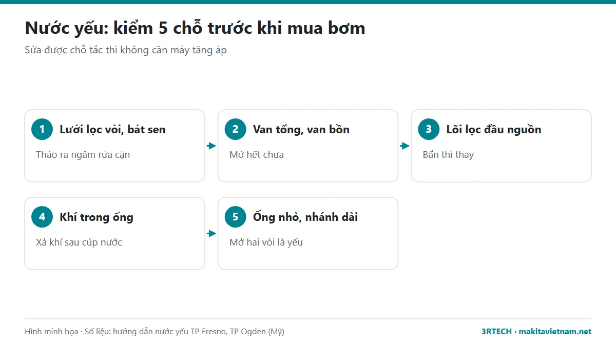 Năm chỗ cần kiểm khi nước yếu trước khi mua bơm tăng áp